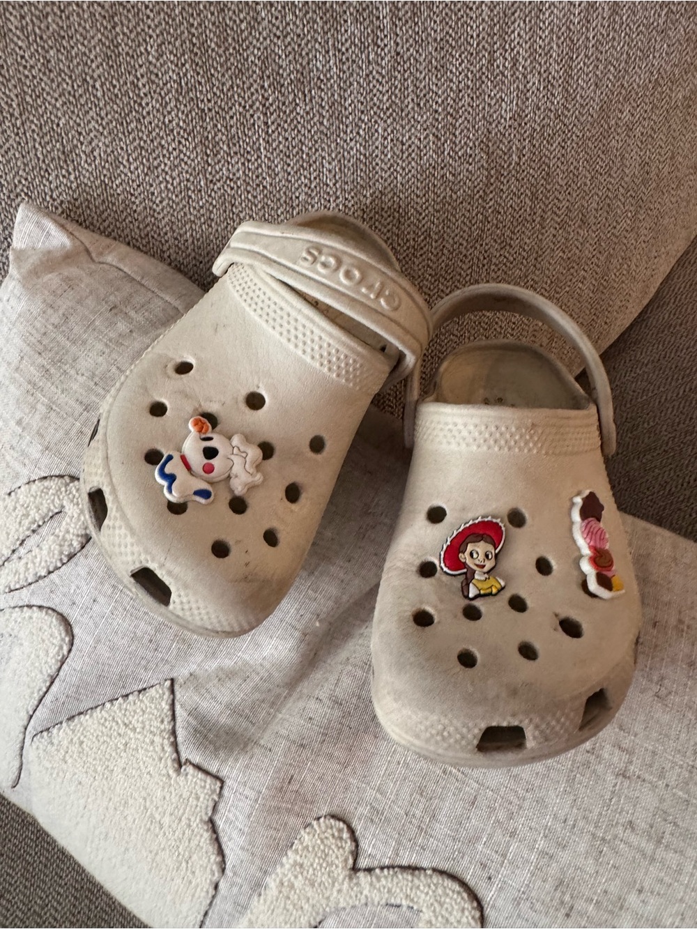 CROCS Kids Beige Sandal Clogs with Toy Character Charms